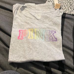 Gray pink tee with rainbow letters new